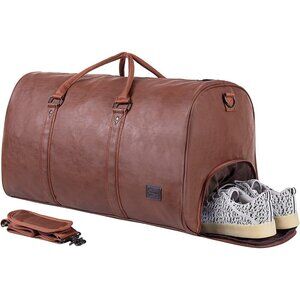 Mens Brown Oversized Travel Duffel Bag With Shoe Pouch, Leather Carry On Bag